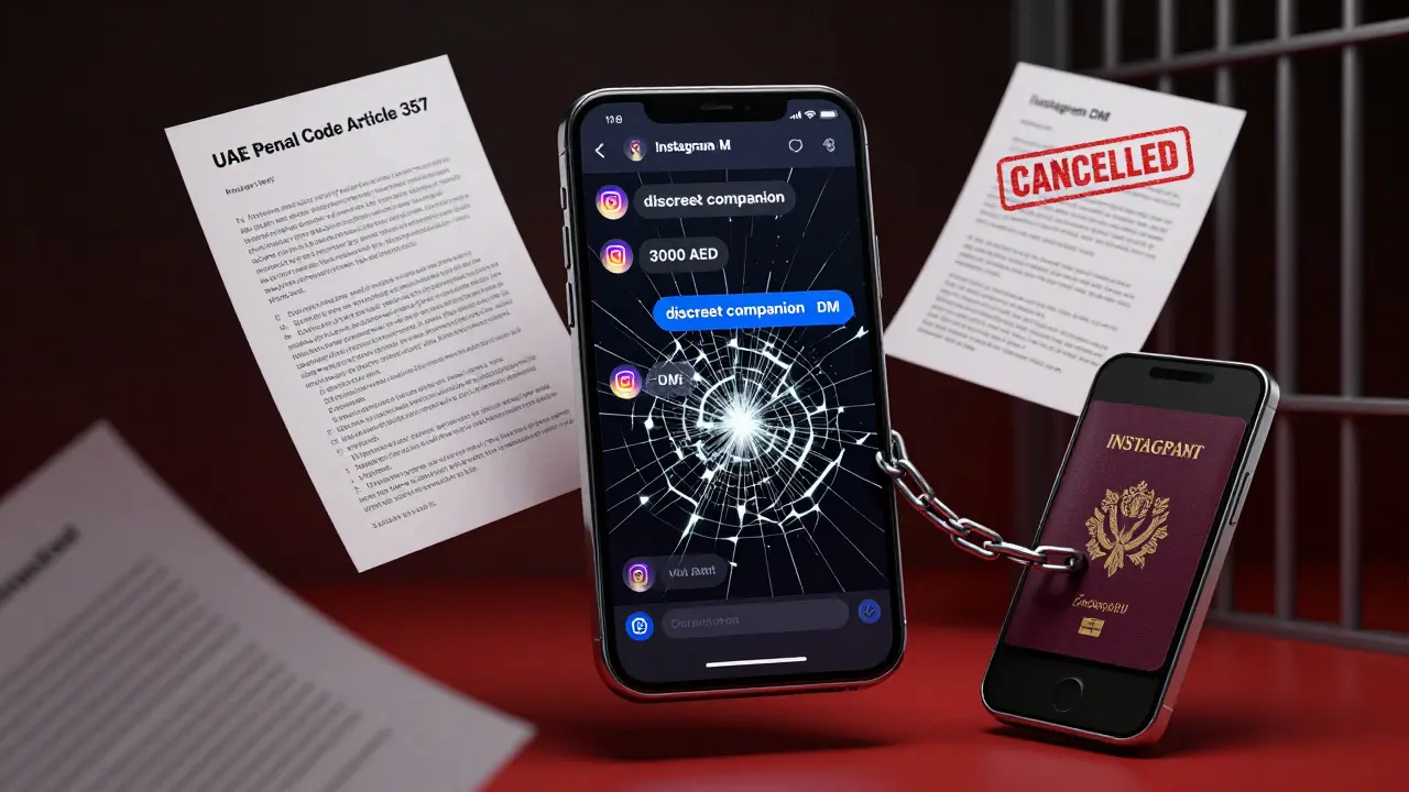 A cracked phone screen shows escort ads, legal documents, and a canceled passport in dark tones.