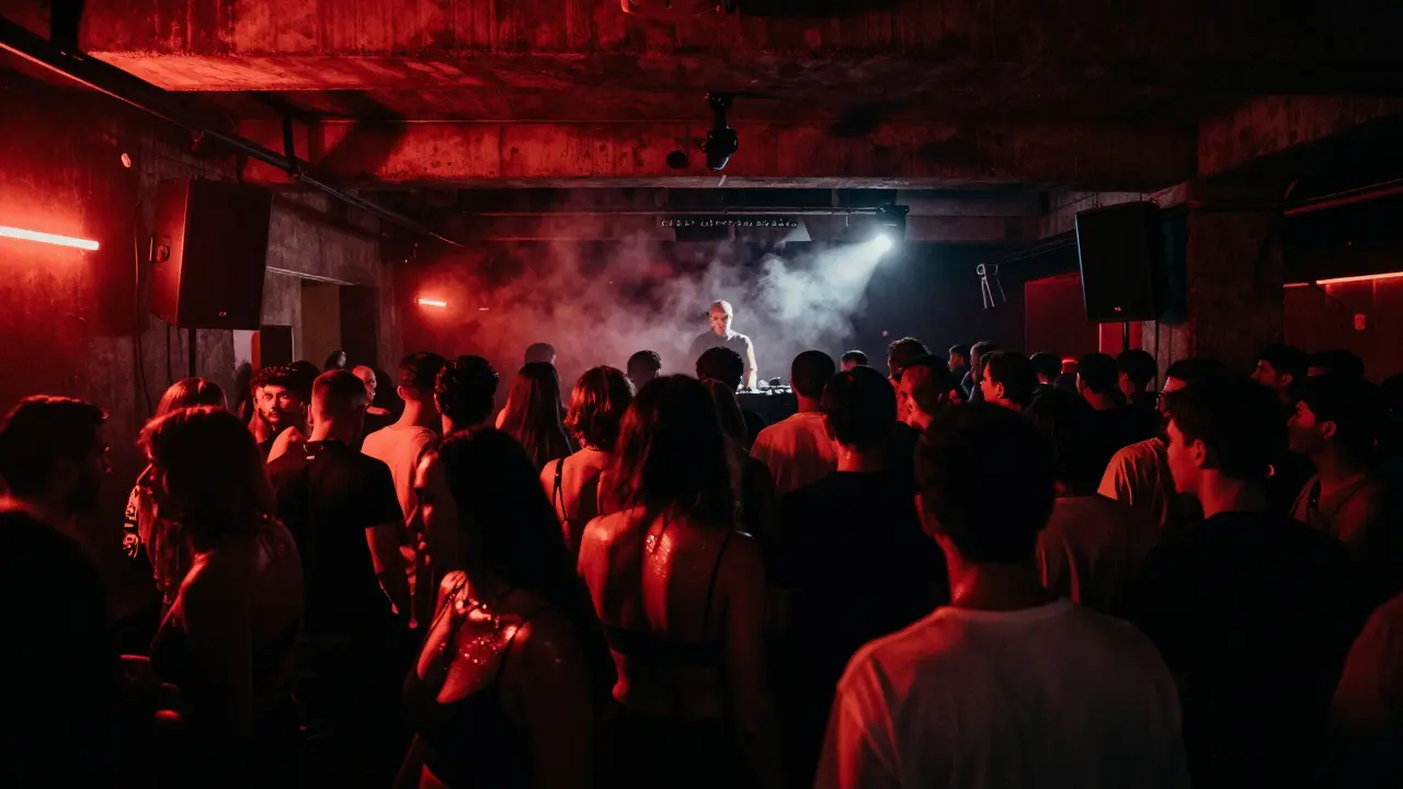 A crowded techno club with red and black lighting, people dancing to powerful bass, industrial concrete walls and smoke in the air.