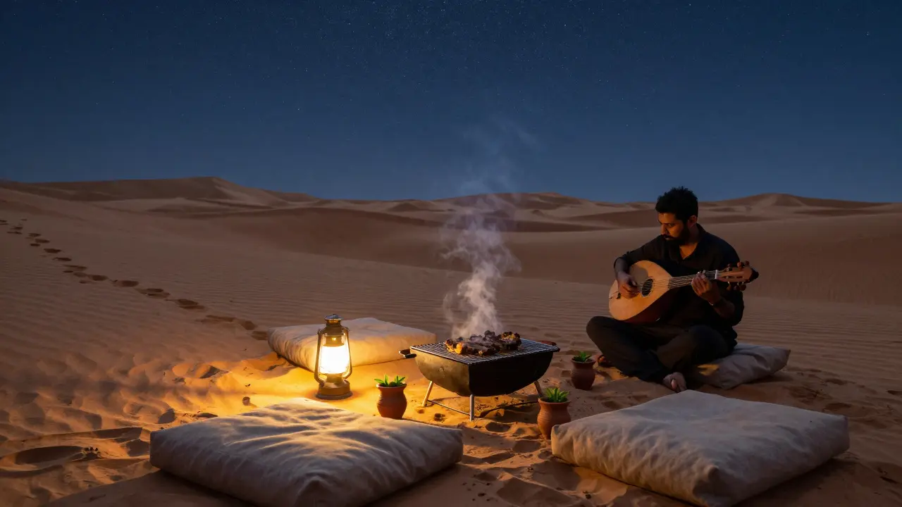 A desert camp under a starry sky with a lantern, oud player, and clay cups beside a charcoal grill.
