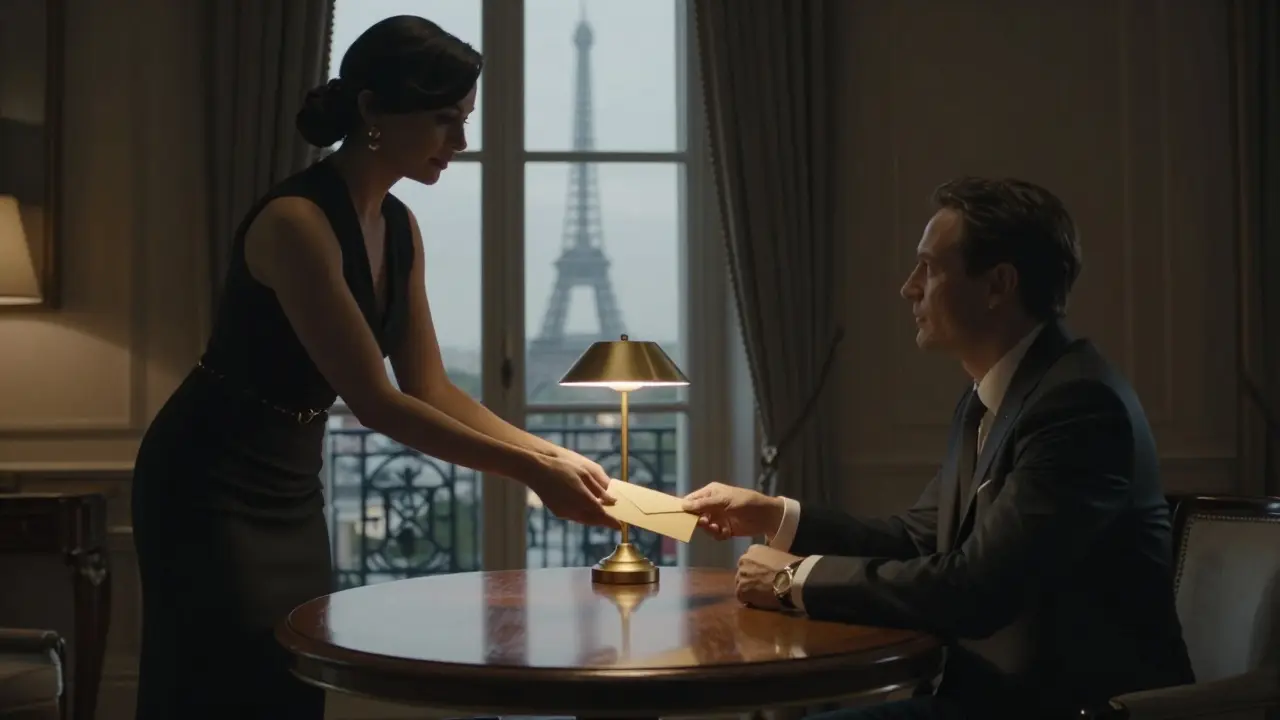 A discreet exchange of an unmarked envelope in a luxury hotel suite, shadows concealing identities.