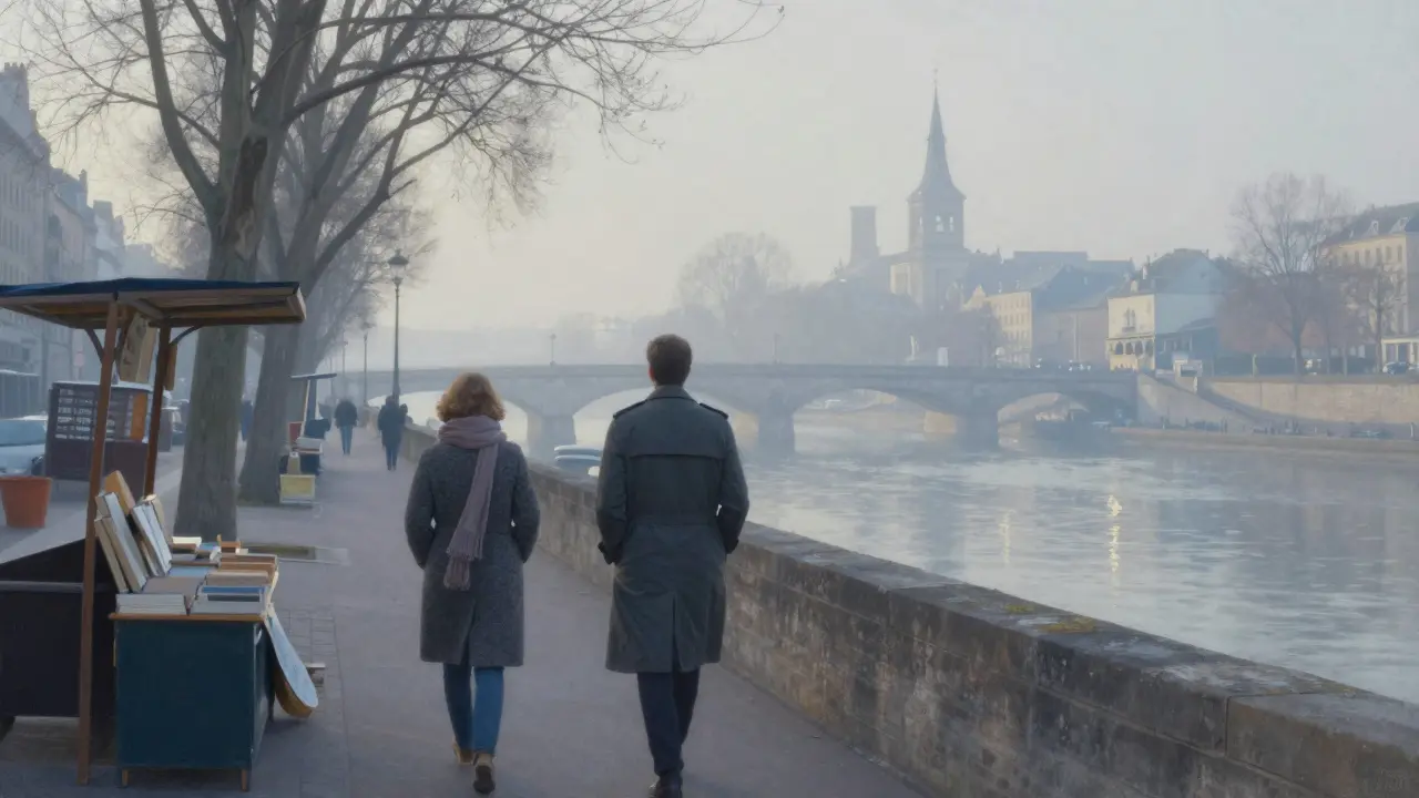 A discreet walk along the Seine at dawn, two figures lost in quiet companionship among Parisian bridges.