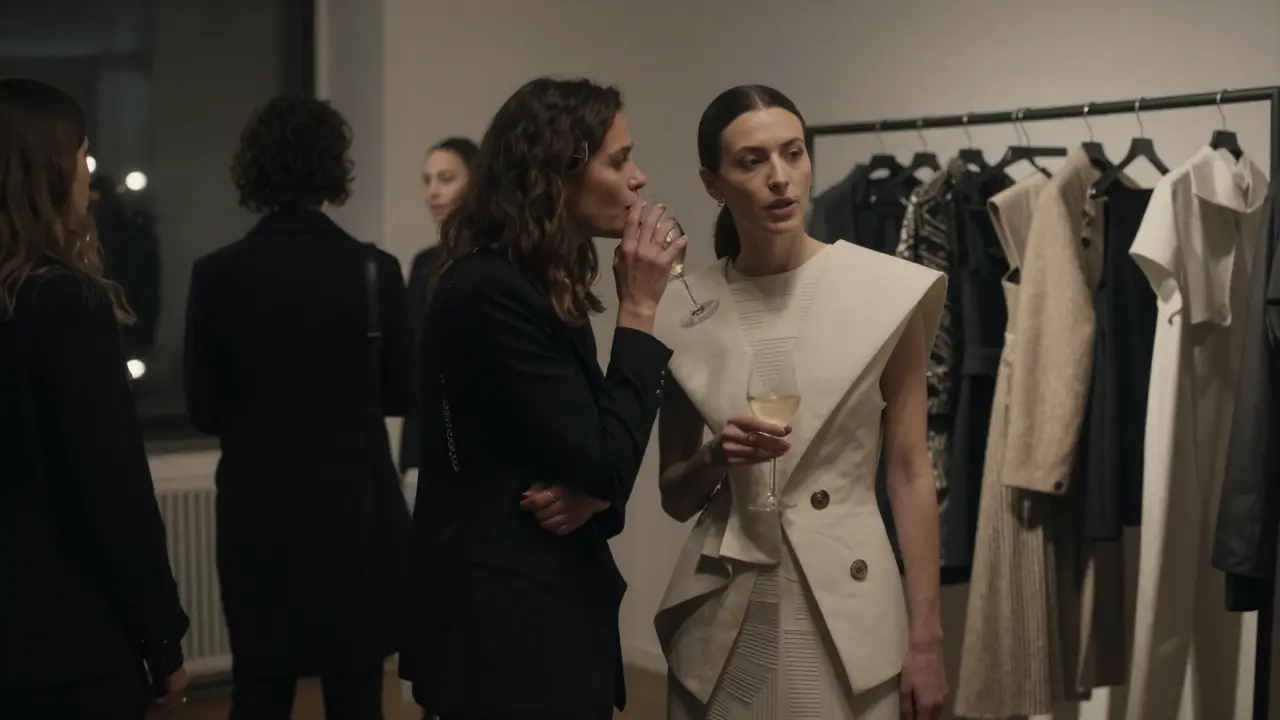 A fashion designer and escort discuss art in a dim gallery, surrounded by avant-garde clothing and subtle lighting.