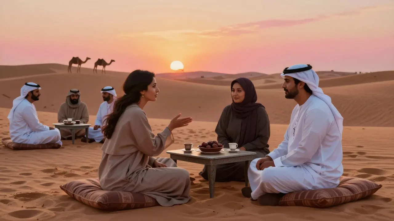 A group enjoying a desert safari at sunset in Abu Dhabi, seated comfortably with traditional coffee, dressed modestly.