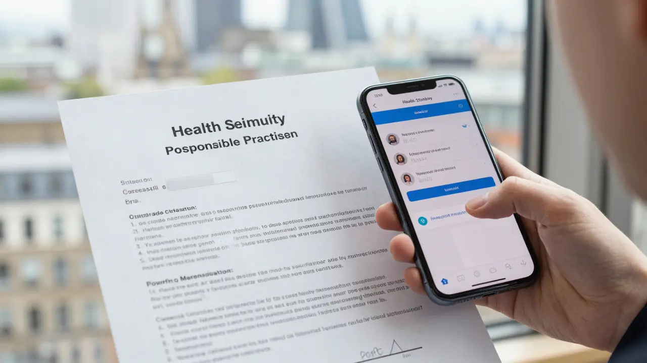 A health certificate and verified message thread on a smartphone in daylight.