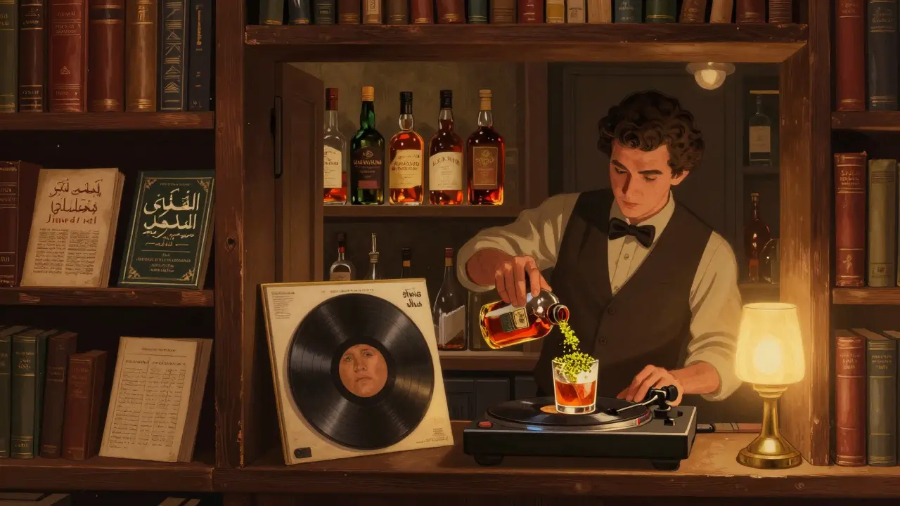 A hidden speakeasy behind a bookstore shelf, lit by warm lamplight with vinyl records and whiskey bottles.