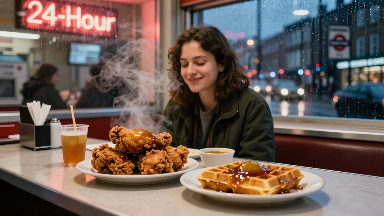 A late-night diner serving crispy chicken and waffles, with steam rising and rain on the windows outside.