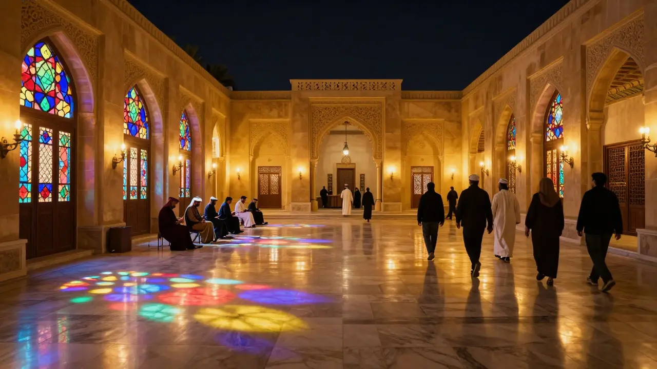 A majestic palace lit by candlelight and stained glass, guests walking quietly through golden halls at night.