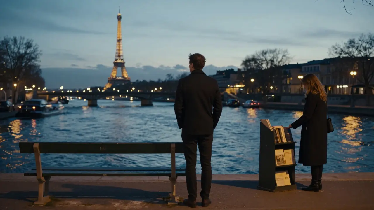 A man and woman each paused near the Seine at dusk, lost in thought, city lights reflecting on the water.