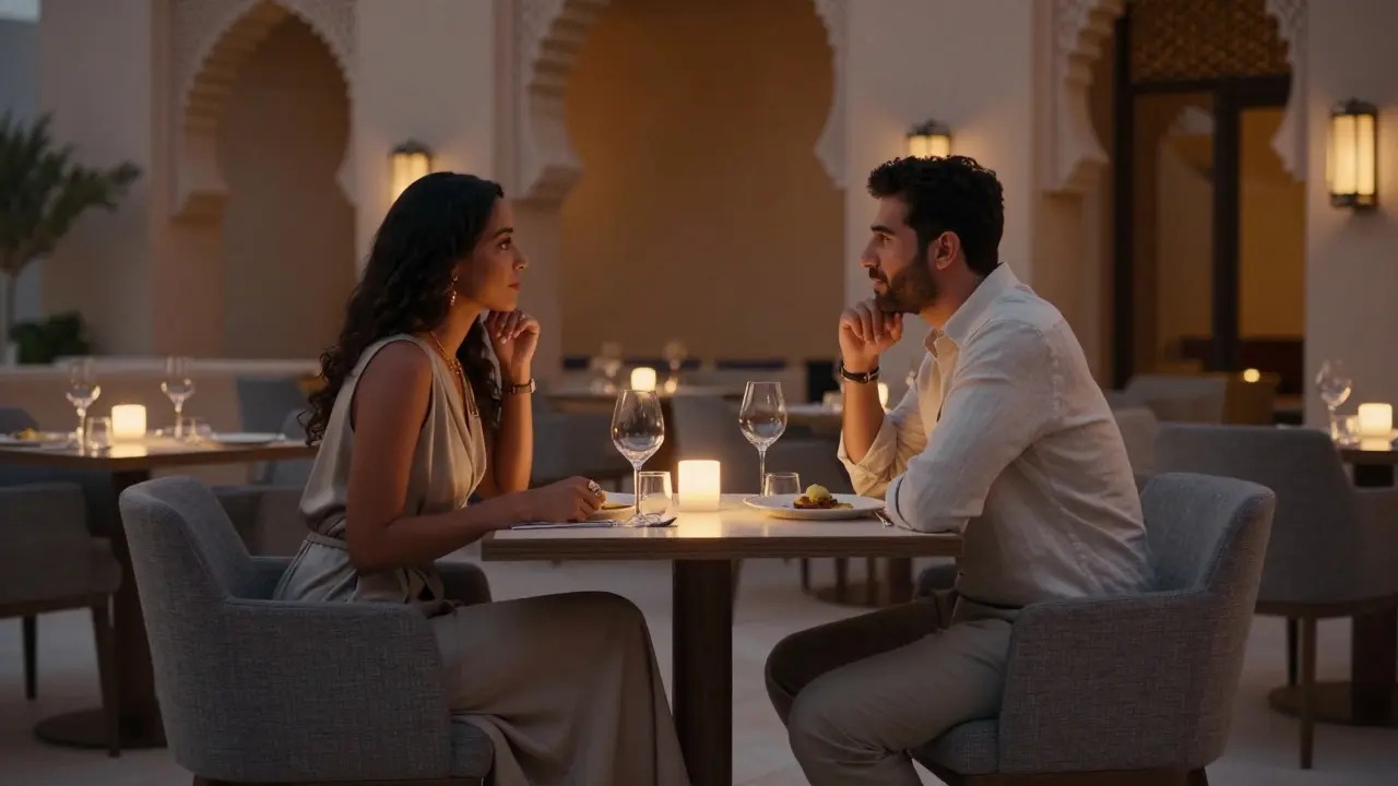 A man and woman having a quiet dinner at Zuma restaurant in Abu Dhabi, conversing politely in a refined setting.