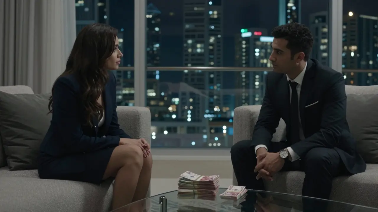 A man and woman in a luxury Dubai apartment, money on the table, surveillance camera visible in corner.