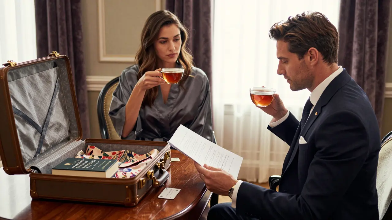 A man and woman in a Mayfair hotel suite at dawn, sharing tea and reviewing an itinerary with quiet intimacy.