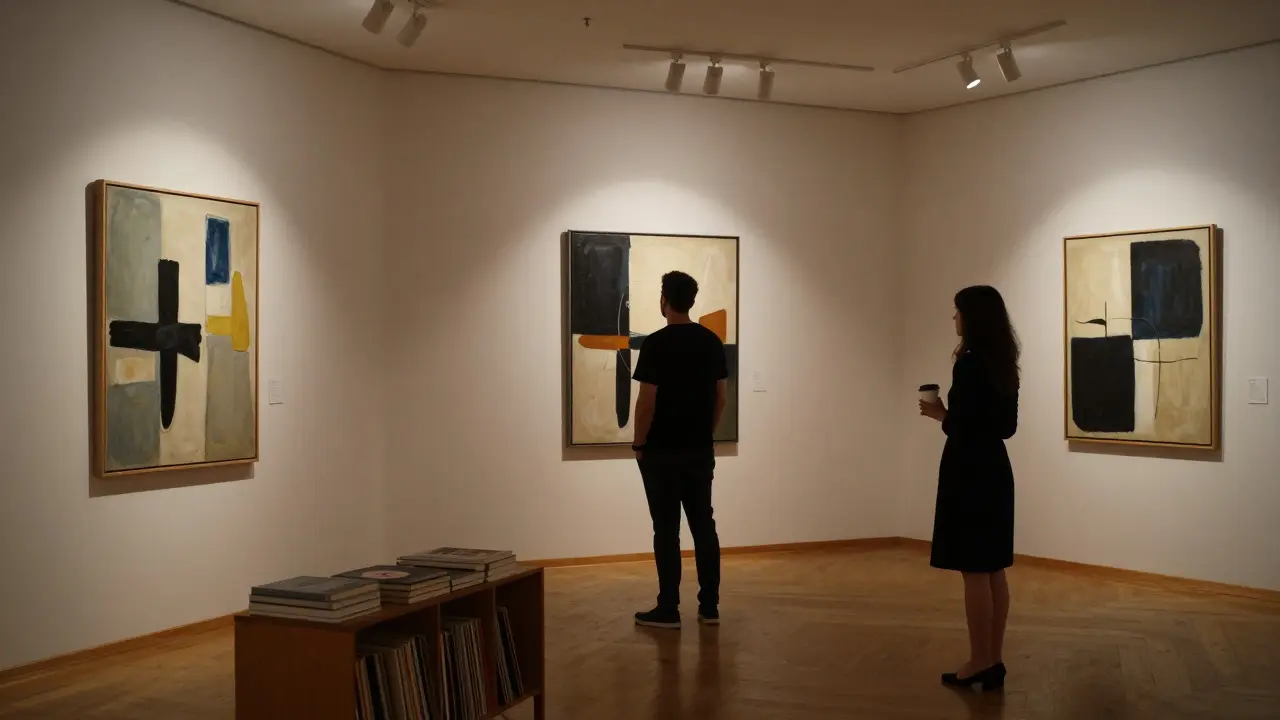A man and woman in a quiet art gallery in Alserkal Avenue, surrounded by abstract paintings and warm lighting.