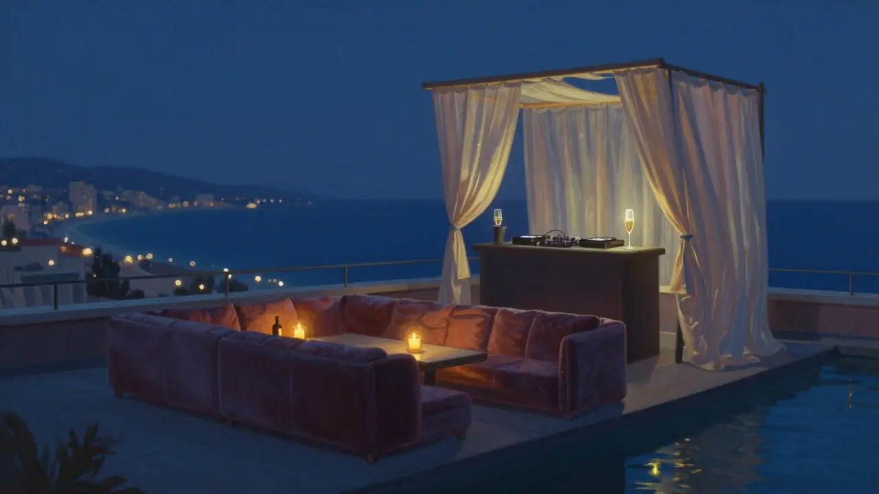 A moonlit rooftop terrace over the Mediterranean with low couches and a single glass of champagne, no visible walls.