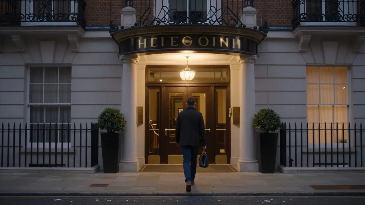 A person walking confidently toward a well-lit London hotel at twilight.