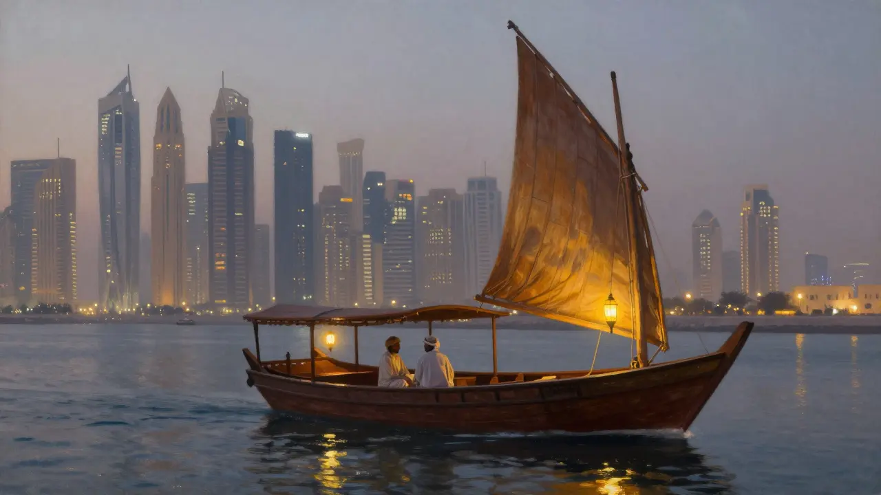 A private dhow cruise glides along Dubai Creek at twilight with the city skyline glowing softly behind.