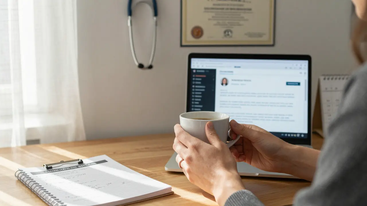 A professional woman in Berlin with her PhD diploma and health certificate visible in her sunlit apartment.