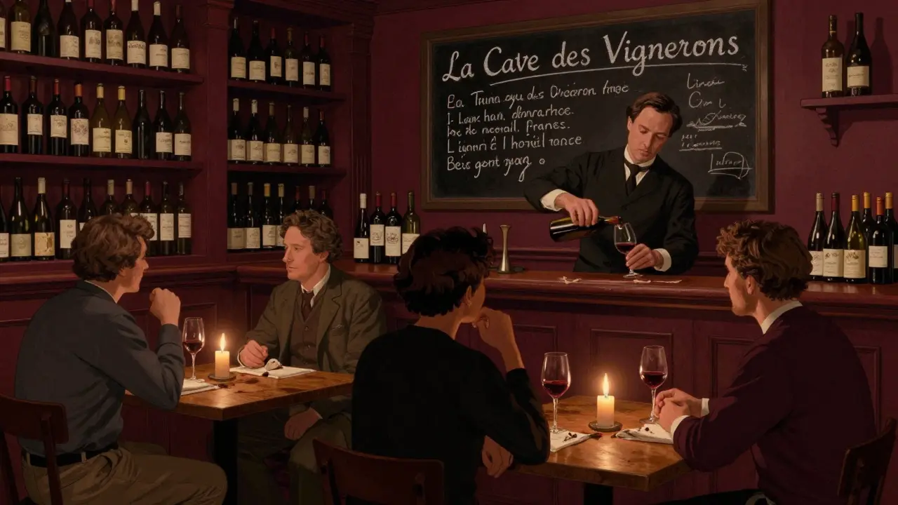 A quiet wine bar with a chalkboard menu, bartender pouring wine for two patrons in soft candlelight.