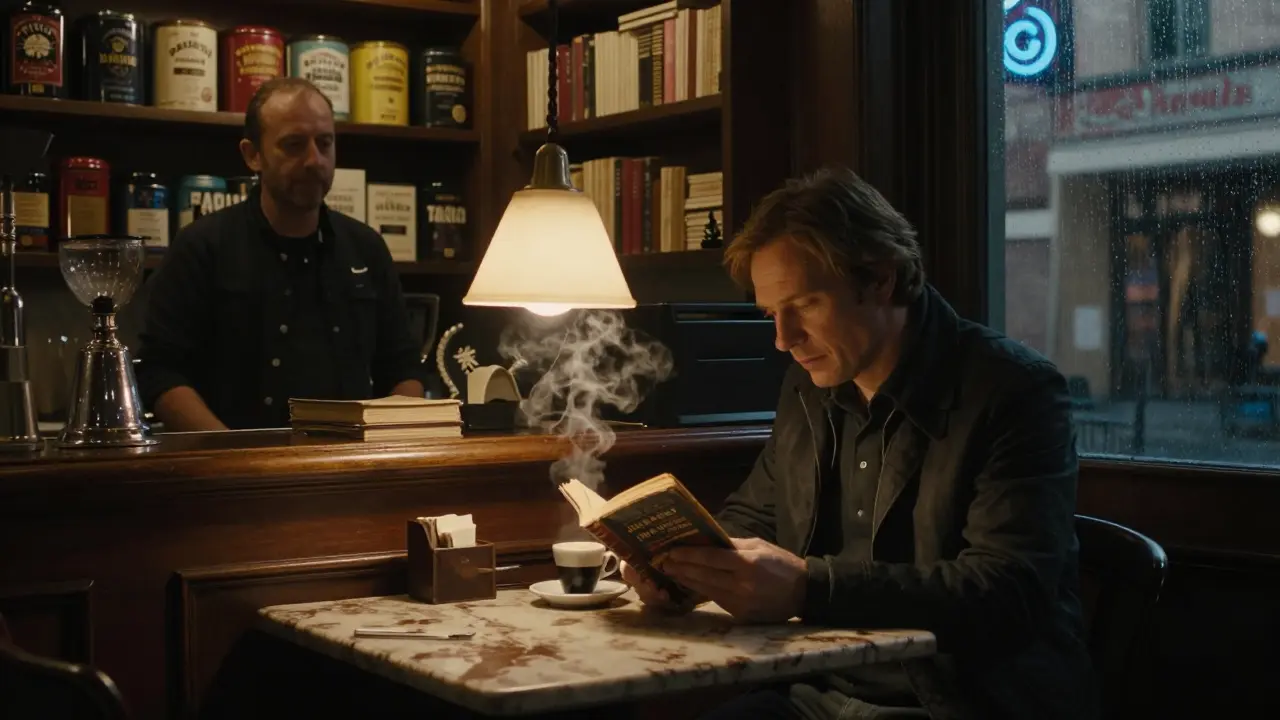 A reader at Bar Italia at midnight, coffee and novel beside them, rain on the window.