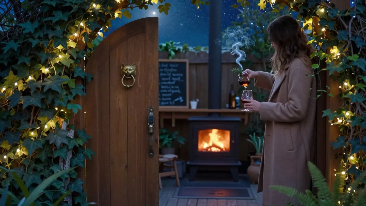 A secret garden bar in Paris with fairy lights, a wooden bar, and a bartender pouring a smoky cocktail under the stars.