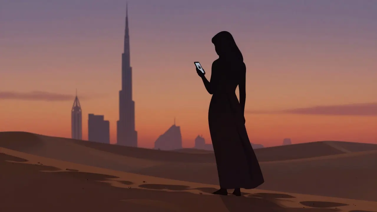 A shadowy figure on a desert dune at sunset, holding a smartphone with a blurred profile, facing the fading city lights.
