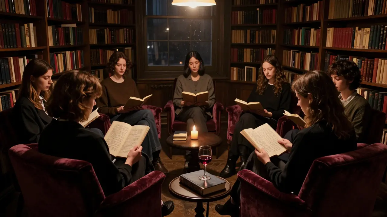 A silent midnight reading circle in Libreria, candlelight and bookshelves in soft shadow.