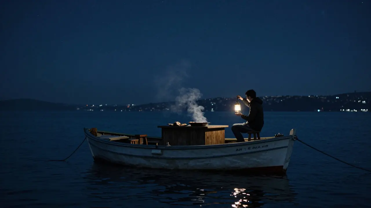A solitary figure on a floating boat bar under starry skies, with a lantern and grilling fish on the Bosphorus.