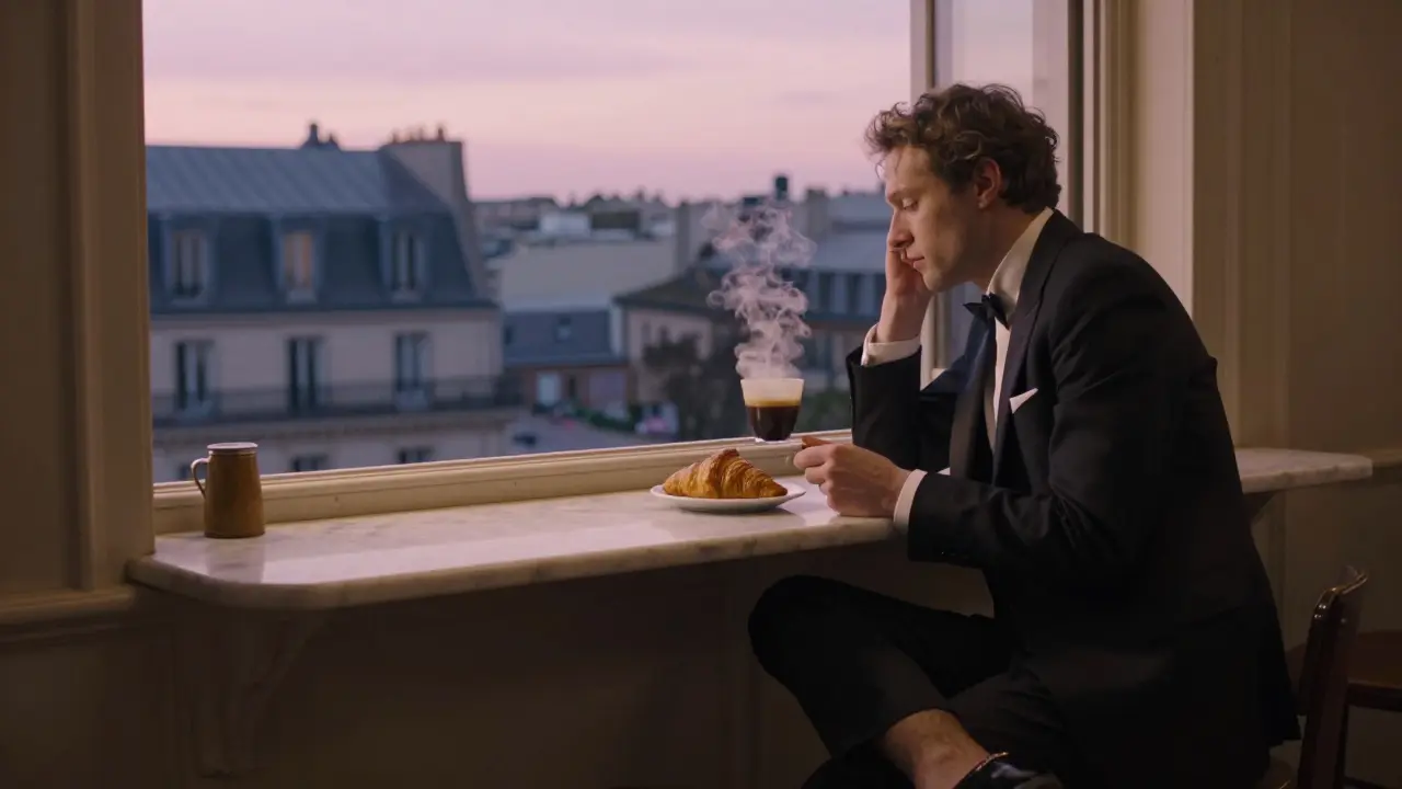 A solitary figure sipping espresso at Le Petit Paris at dawn, croissant on marble counter.