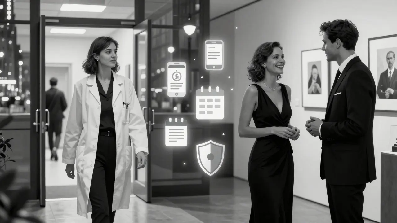 A split image showing a woman transitioning from hospital worker to social companion, with digital safety icons floating between.