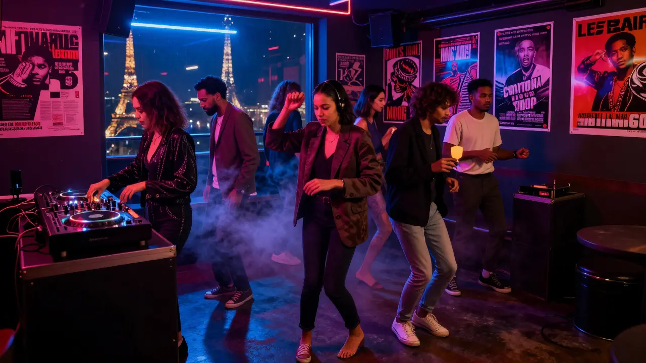 A vibrant nightclub with eclectic crowd dancing under neon lights, the Eiffel Tower visible in the distance.