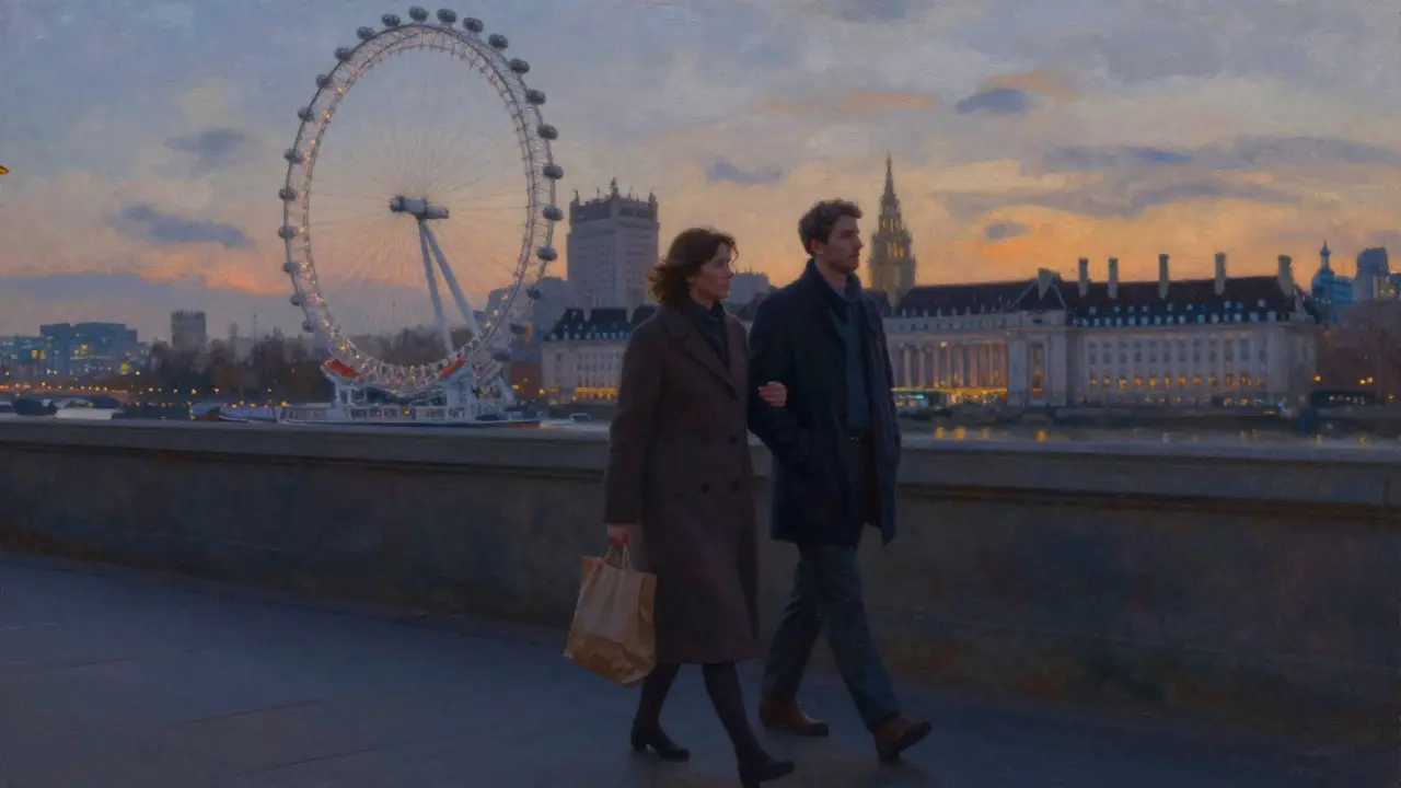 A woman and her companion walk peacefully along the Thames at dusk, city lights glowing behind them.