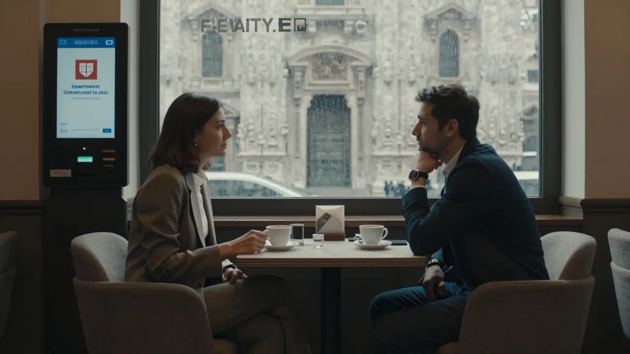 A woman and man meeting in a quiet Milan lounge, with a digital safety kiosk visible in the background.