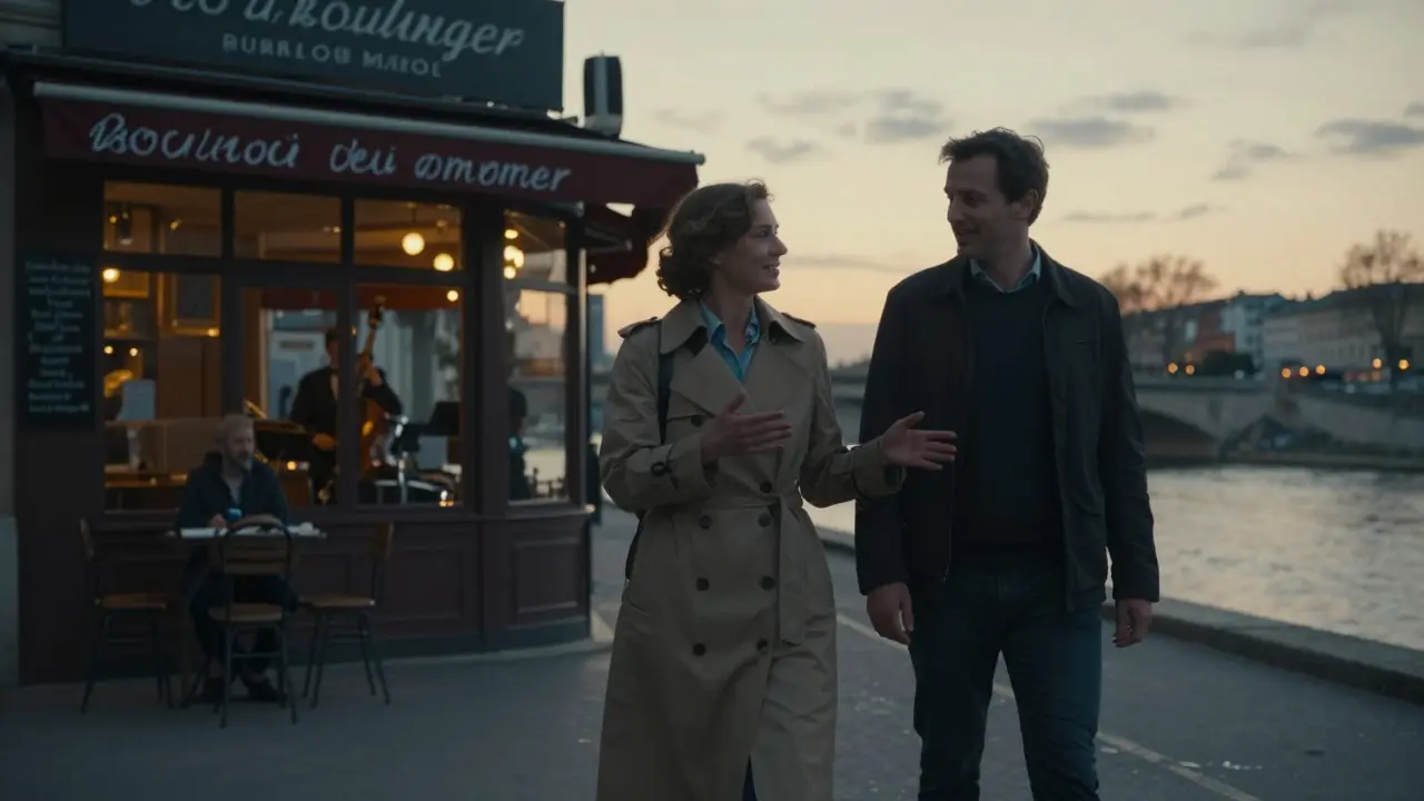 A woman guiding a man along the Seine at sunset, passing a quiet bakery and jazz music.
