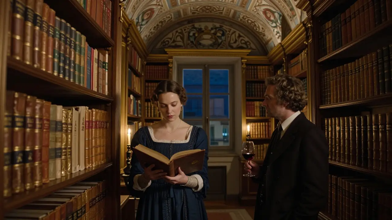 A woman reading aloud from an antique book in a candlelit palazzo library filled with Renaissance-era volumes.