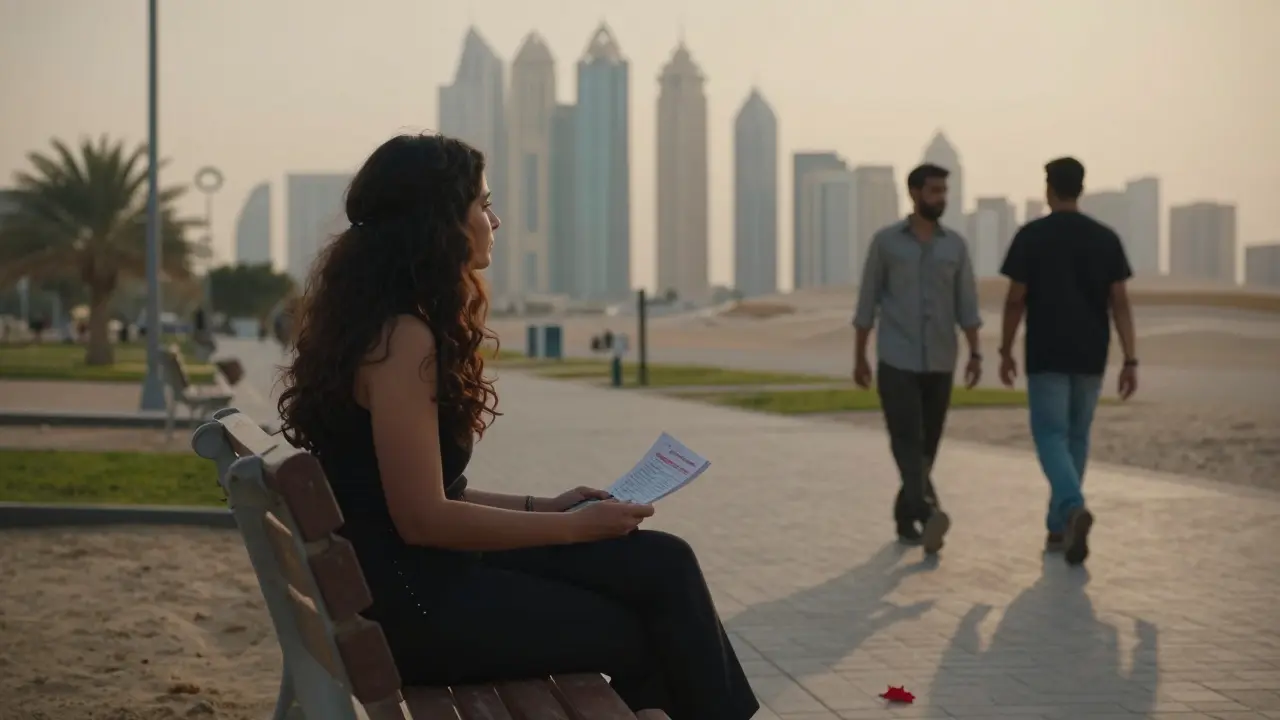 A woman sits alone on a Dubai park bench at dusk, holding a phone number, with city lights glowing behind her.