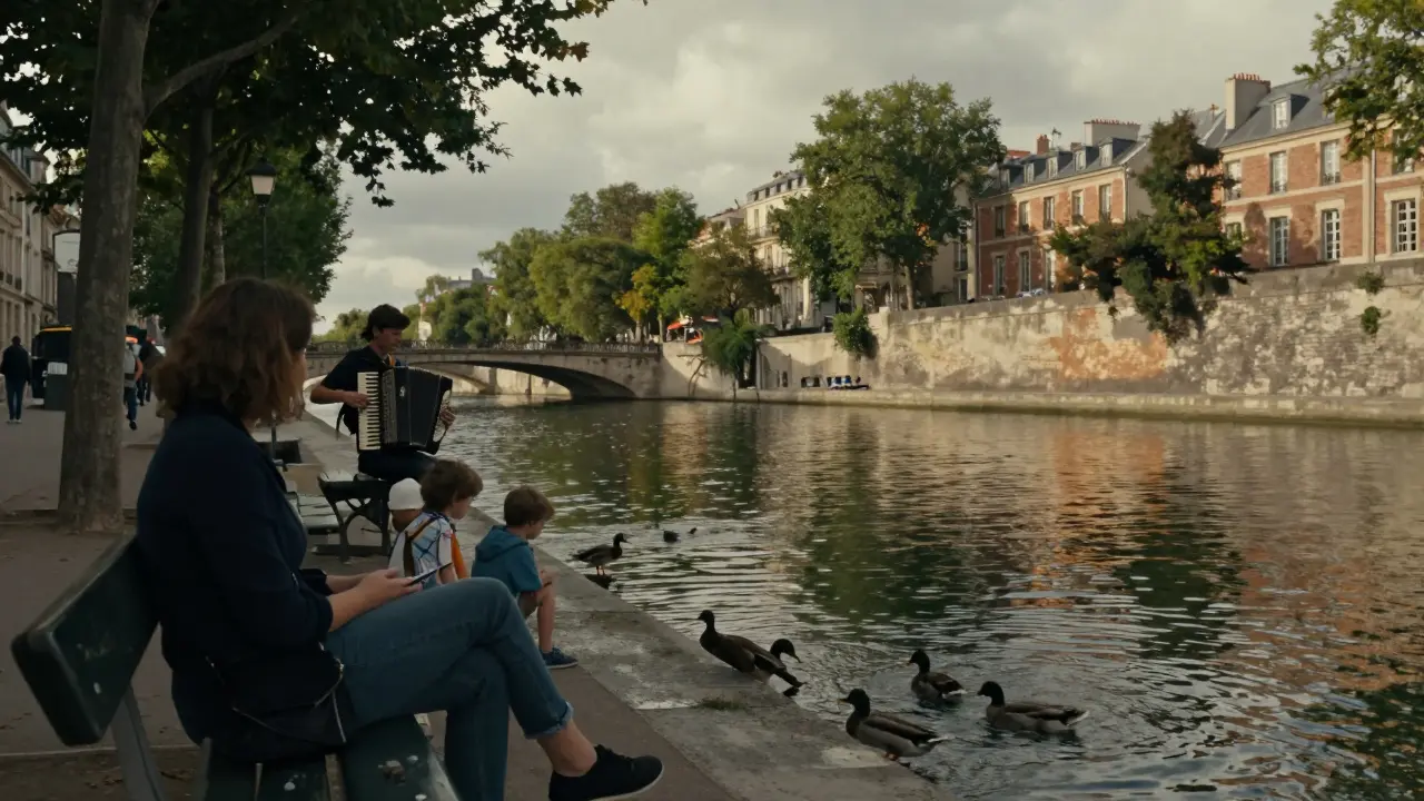 A woman sits peacefully by Canal Saint-Martin, watching ducks as an accordion player plays in the distance.
