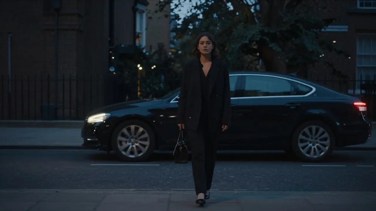 A woman walking calmly down a quiet London street at night, unmarked car nearby.