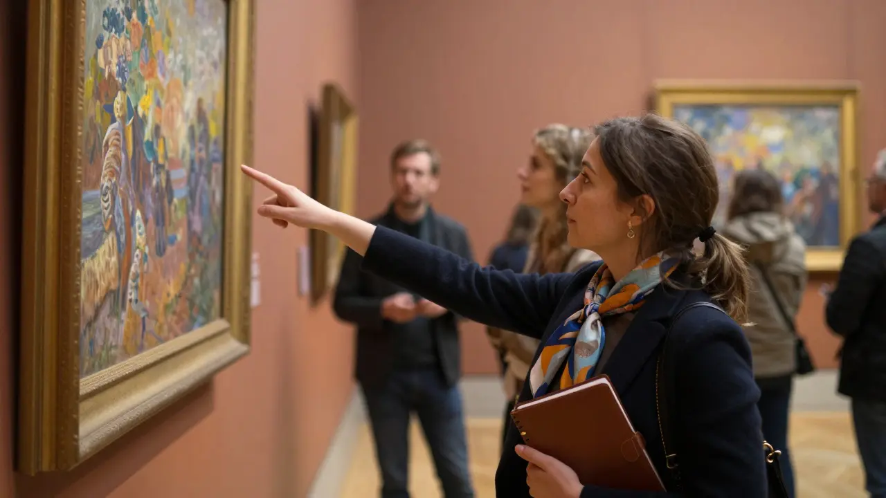 An art expert guides a client through the Louvre's Impressionist exhibit, focusing on brushwork in quiet reverence.