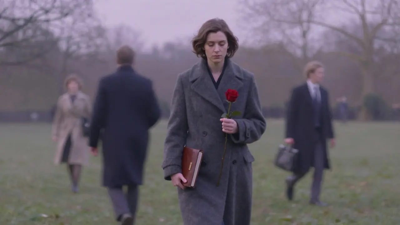 An elite escort walking alone through Hyde Park at dawn, carrying a journal and a rose, surrounded by oblivious passersby.