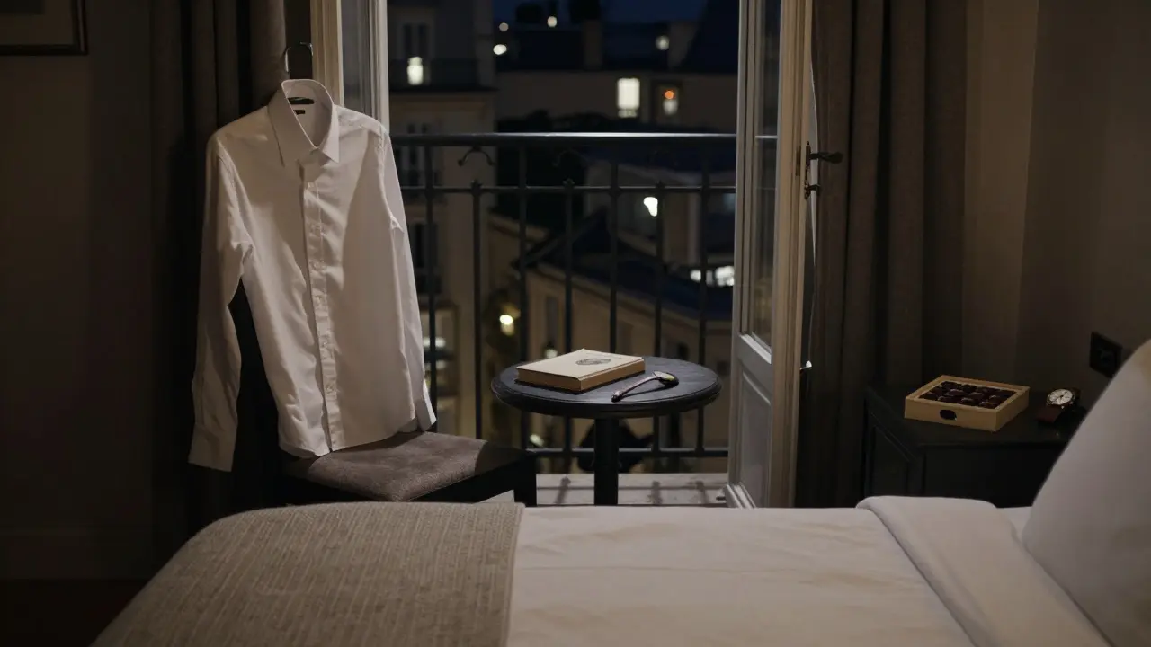 An empty hotel room with a suit, watch, and chocolates left behind, city lights glowing outside.