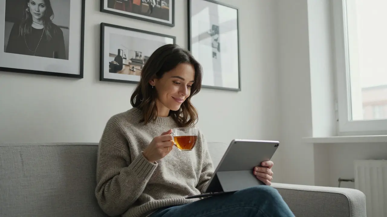 An independent escort in her cozy Berlin apartment reviewing a client profile with calm focus.