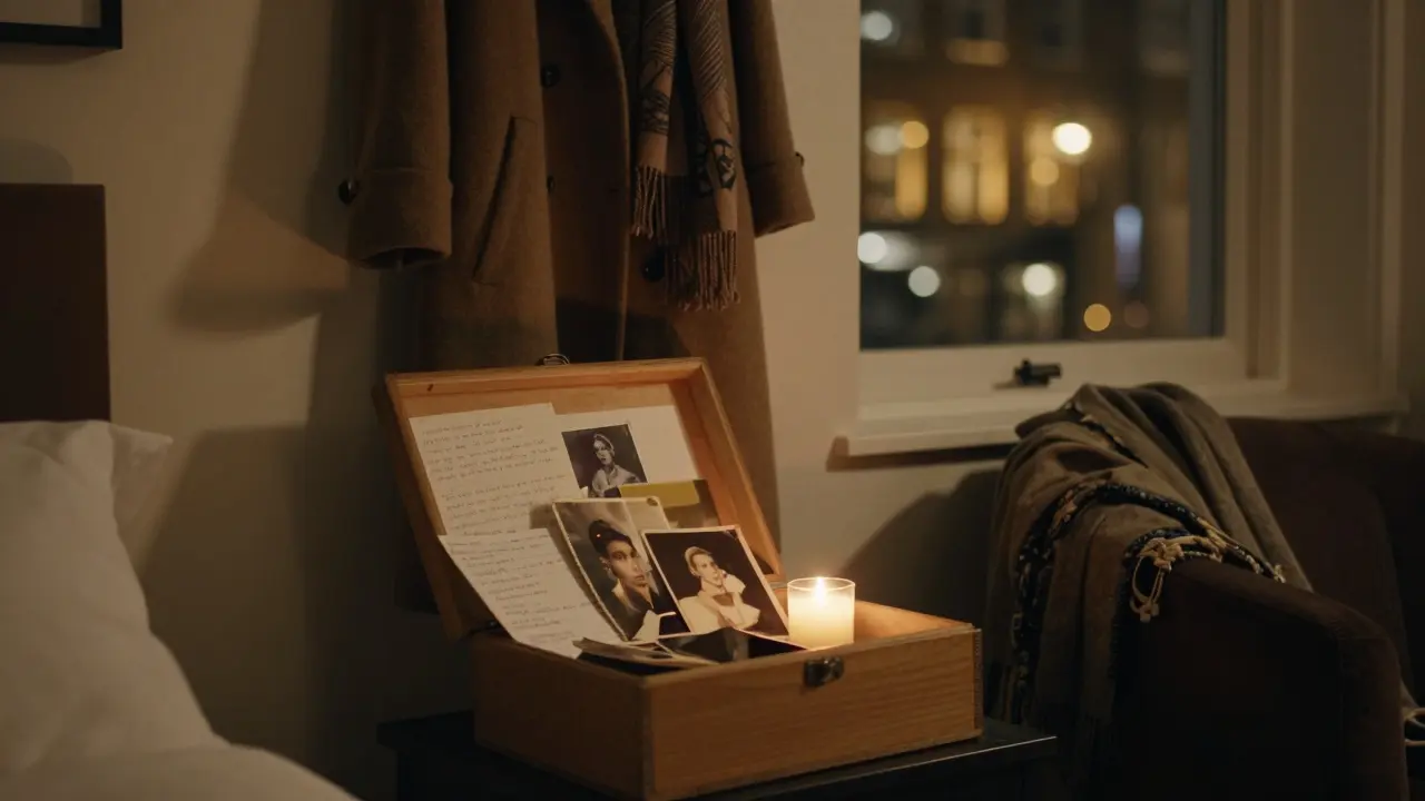 An open box of handwritten notes and photos rests on a nightstand, candlelight casting soft shadows.