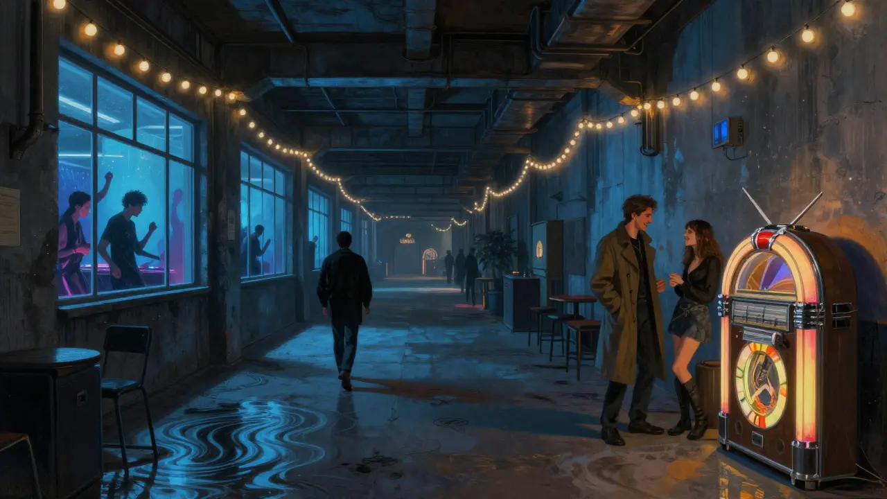 An underground Milan club pulses with music as people dance inside a converted warehouse at night.