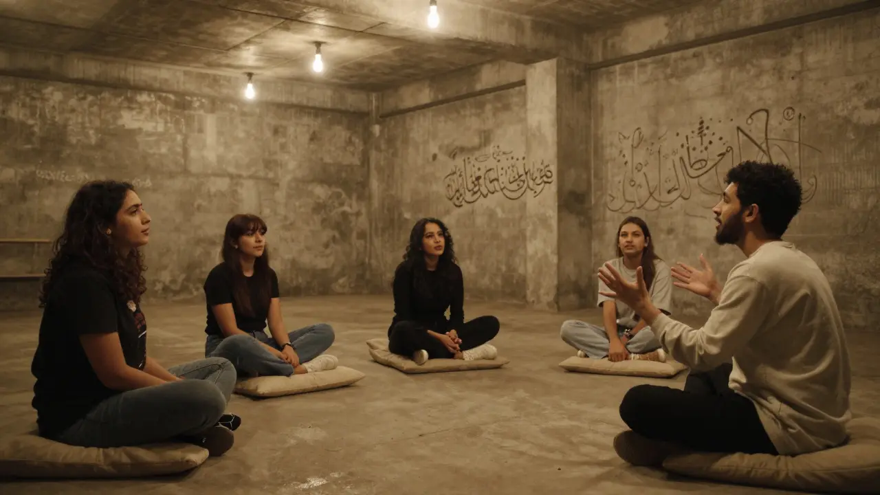 Audience members sit on cushions watching a passionate spoken word performance in a warehouse theater.