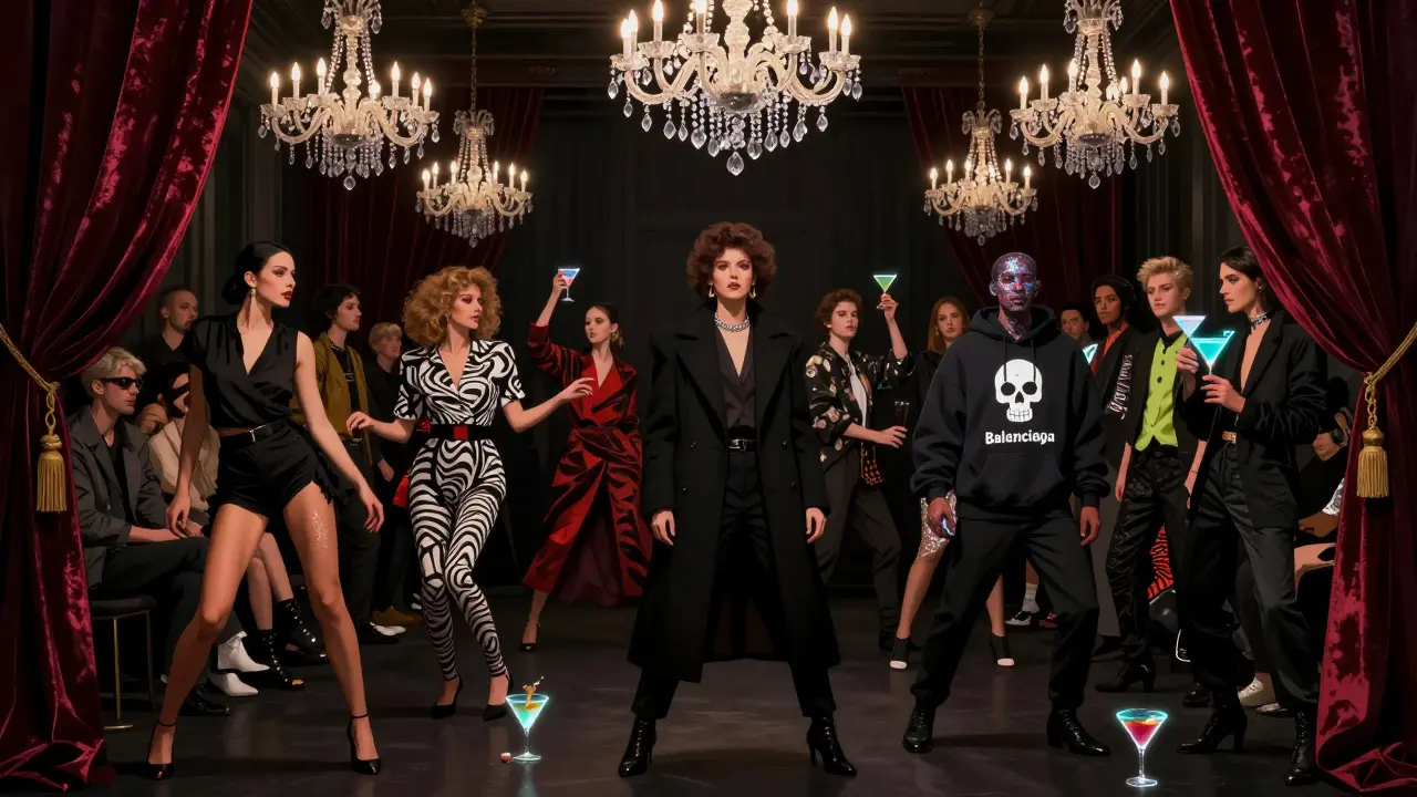 Avant-garde dancers and fashion-forward guests mingle under chandeliers at The Box Soho, wearing bold couture and glitter.