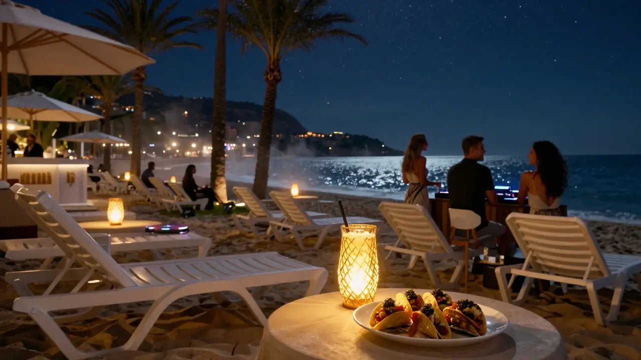 Beach club at night with white loungers, palm trees, and golden cocktails under starlit sky.