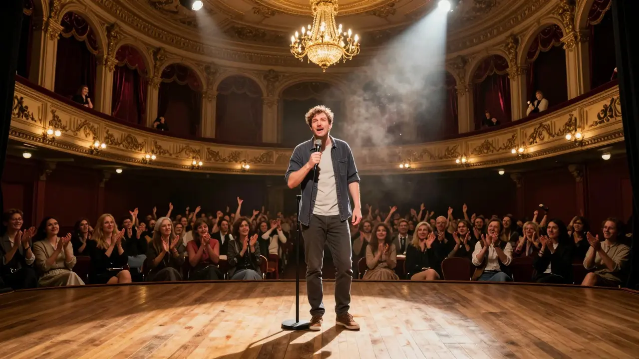 Comedian on stage in a grand theater with audience clapping and dust falling from the ceiling.