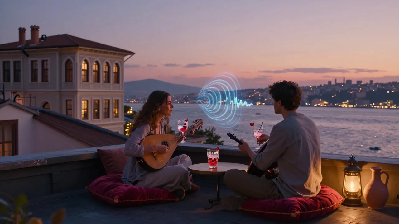 Couples on a rooftop overlooking the Bosphorus at dawn, sipping cocktails with city lights reflecting on the water.