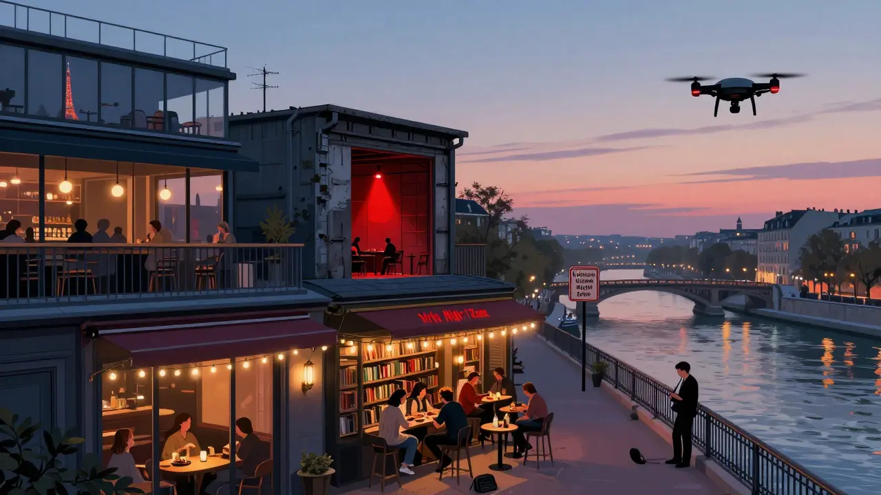 Dawn in Paris showing layered nightlife scenes: rooftop bar, warehouse party, bookshop salon, and Seine musician.
