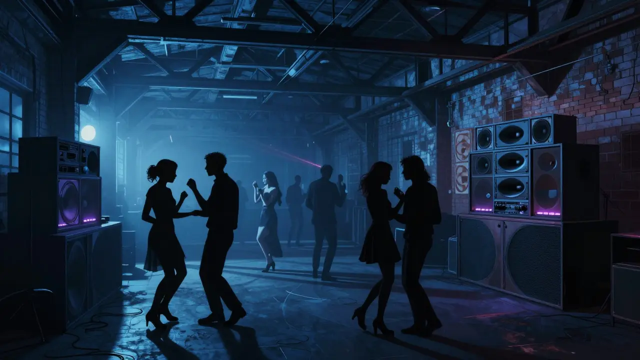 Dim underground club with silhouetted dancers and deep bass vibrations in a converted factory.