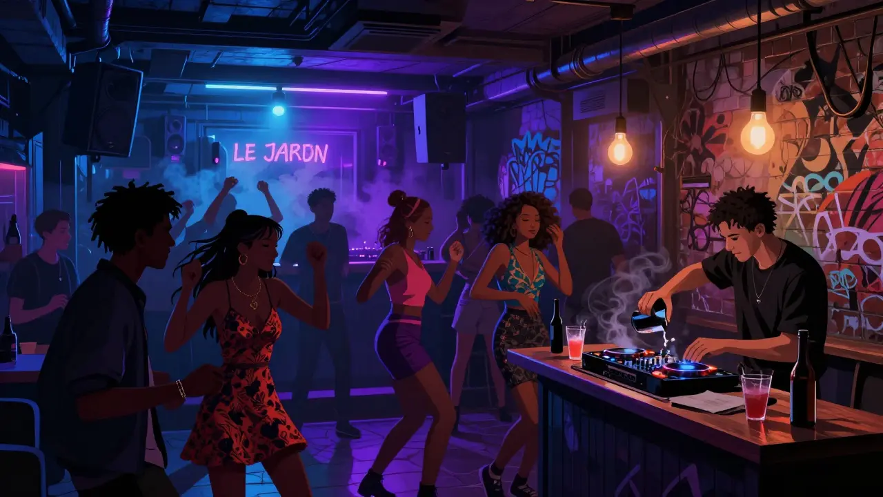 Diverse crowd dancing in a dim, neon-lit underground club in Porta Venezia.